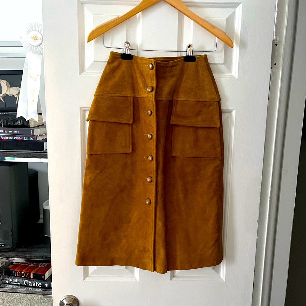 Vintage Mustard Brown Suede A-Line Skirt with Front Pockets